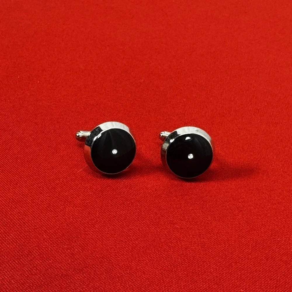 Vintage Men's Black Enamel Round Cufflinks With Faux‎ Diamonds